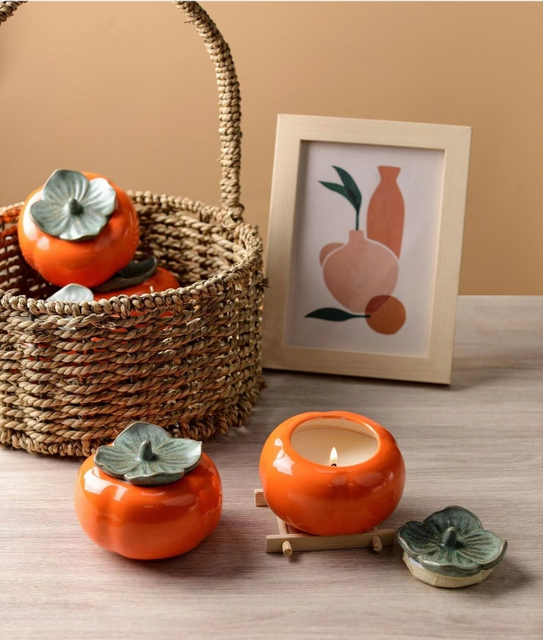 Persimmon Pumpkin Orange Fruit Shape Ceramic Reed Scented Candle Gift