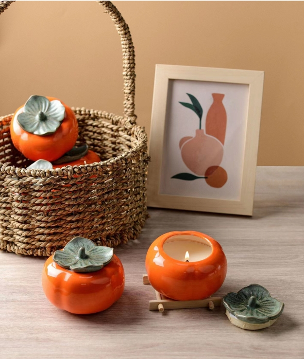 Persimmon Pumpkin Orange Fruit Shape Ceramic Reed Scented Candle Gift